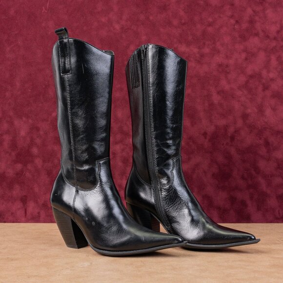 Jeffrey Campbell Women Reckon Black Leather Western Block Heel Boots sz 5.5 - Picture 1 of 9